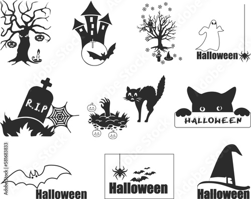 Halloween icon set, 10 spooky Horror icon set black vector