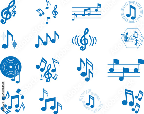 Music note icon, musical note icon set of 16 icons blue vector