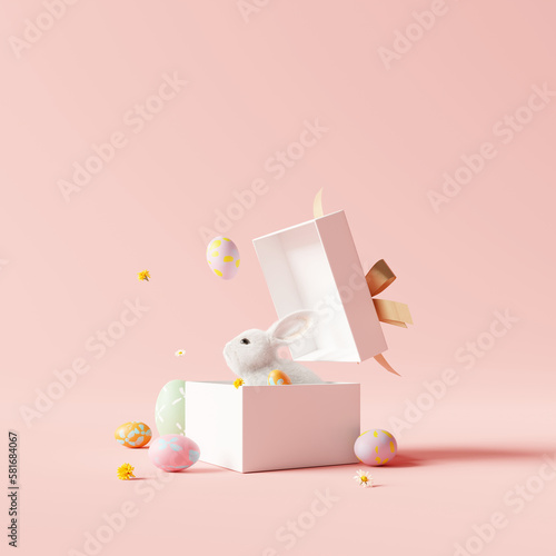 Happy Easter day, Bunny in the white gift box with eggs. 3d rendering