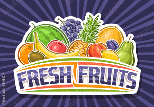 Vector logo for Fresh Fruits, decorative cut paper sign board with illustration of group sweet fruits, white label with unique brush lettering for text fresh fruits on blue rays of light background