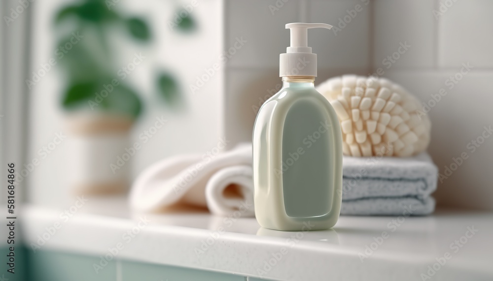 Illustration of liquid soap dispenser bottle in the cozy bathroom interior. Indoor background. AI generative image. Illustration of liquid soap dispenser bottle in the cozy bathroom interior. Indoor background. AI generative image.