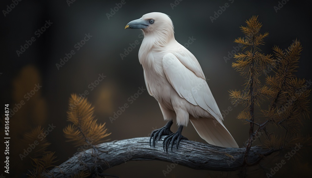 Beautiful and extraordinary albino raven or white crow bird sitting on ...