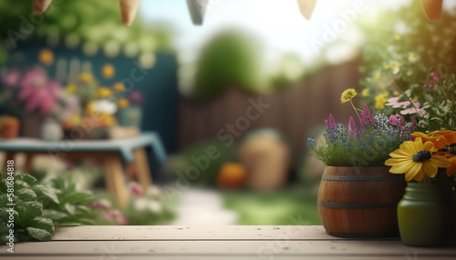 Illustration of cozy decorative garden with flowers and green vegetation outdoor background banner with copy space. AI generative image. © vlntn