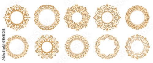 Set of decorative frames Elegant vector element for design in Eastern style, place for text. Floral gold and white borders. Lace illustration for invitations and greeting cards
