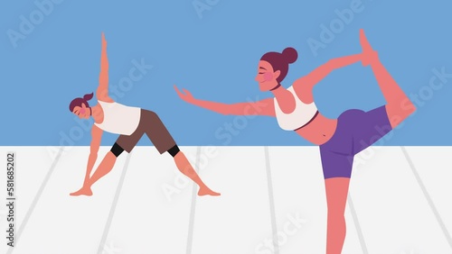 two girls practicing yoga characters animation