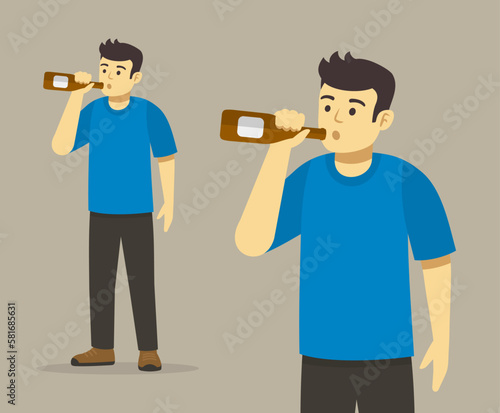 Isolated young male character holding bottle and drinking alcohol. Close-up front view. Flat vector illustration template.