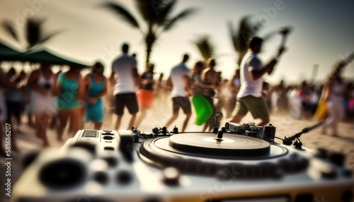 Dj turn table console on the foreground and blurred people crowd on the backdrop, summer beach party, ocean sunny sandy coast with palm trees, music event poster. AI generative image.