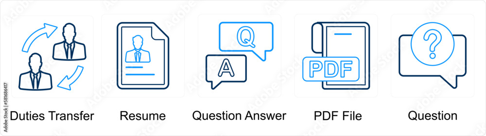 A set of 5 mix icons as duties transfer, resume, question answer A set of 5 mix icons as duties transfer, resume, question answer
