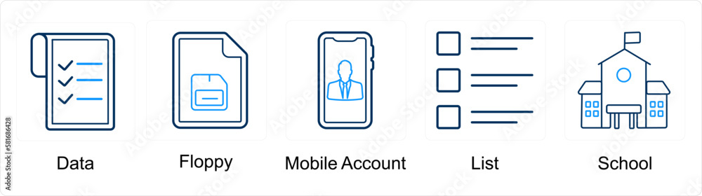 A set of 5 mix icons as data, floppy, mobile account A set of 5 mix icons as data, floppy, mobile account