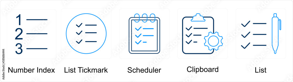 A set of 5 mix icons as number index, list tickmark, scheduler A set of 5 mix icons as number index, list tickmark, scheduler