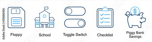 A set of 5 mix icons as floppy, school, toggle switch
