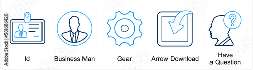 A set of 5 mix icons as id, businessman, gear, settings
