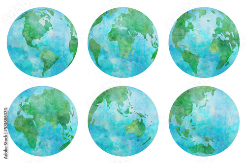 地球の水彩画イラストパーツ/アジア/ヨーロッパ/アフリカ/オセオニア/北アメリカ/南アメリカ（ラテンアメリカ）