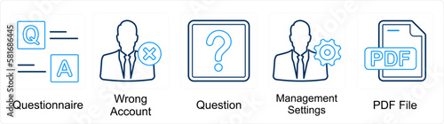A set of 5 mix icons as questionnaire, wrong account, question, management settings