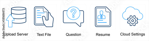 A set of 5 mix icons as upload server, text file, question