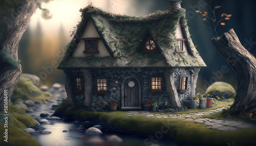 Cute fantasy cottage house, fairy tale illustration, autumn outdoor background. AI generative image.