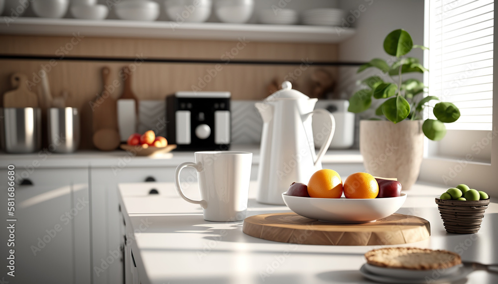 Breakfast time in spacious modern kitchen with healthy food. Cozy indoor interior background. AI generative image. Breakfast time in spacious modern kitchen with healthy food. Cozy indoor interior background. AI generative image.