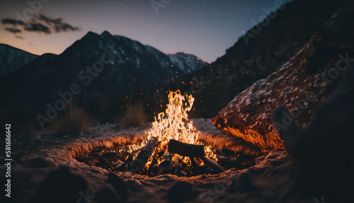 Close up campfire with bright flame. Stunning scenery mountains landscape. Outdoor background. AI generative image.
