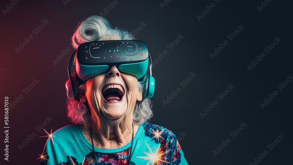 Elderly woman wearing VR headset and enjoying virtual reality simulation, metaverse and fantasy world.