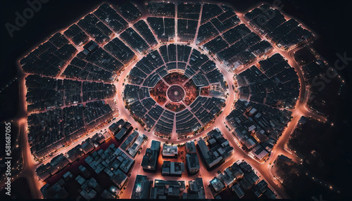 Aerial view on big city at night. Long exposure car trails. AI generative image. © vlntn