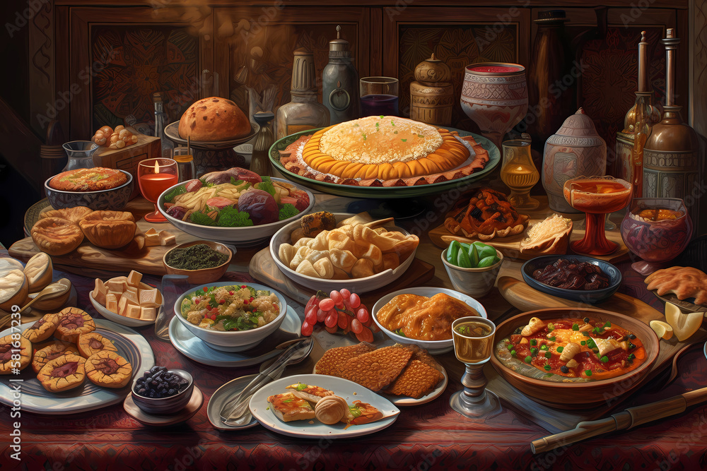 A realistic oil painting of a Ramadan feast. digital art illustration. generative AI.