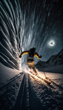 Stunning view of jumping skier doing tricks at winter night with beautiful illuminated sky. Long exposure motion. Extreme sport vertical background. AI generative image.