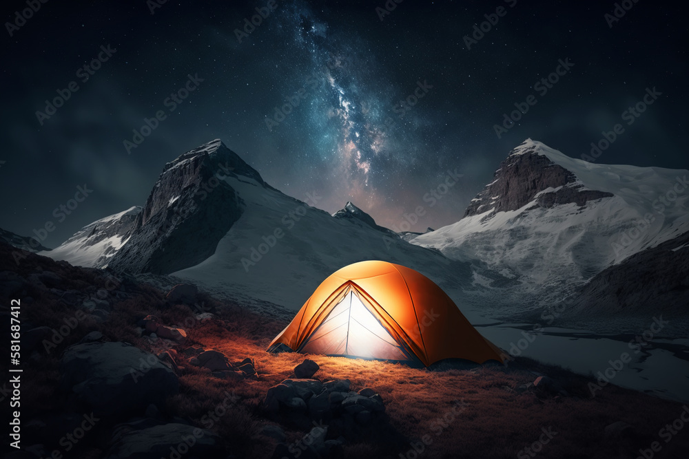 ?oncept of trip to nature, travel, extreme active leisure. Camping tent in snowy mountains at night, starry sky. Generative AI