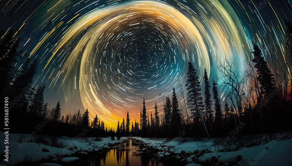 Stunning star trails motion time-lapse night sky with forest silhouette landscape. Beautiful nature astro background. AI generative image. Stunning star trails motion time-lapse night sky with forest silhouette landscape. Beautiful nature astro background. AI generative image.