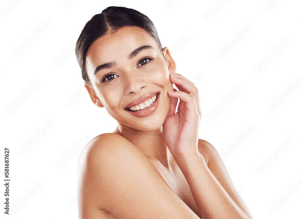 Youth, skincare and portrait of a happy woman with glowing, smooth facial skin isolated on a png background. Dermatology, cosmetics and latino female happy with her natural beauty routine