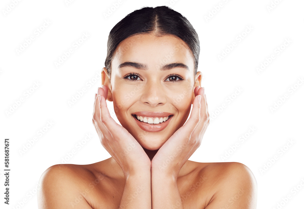Png background, natural beauty and a happy woman with self love portrait while isolated for health and cosmetic wellness. Dermatology, facial and smiling hispanic lady touching soft and smooth skin Png background, natural beauty and a happy woman with self love portrait while isolated for health and cosmetic wellness. Dermatology, facial and smiling hispanic lady touching soft and smooth skin