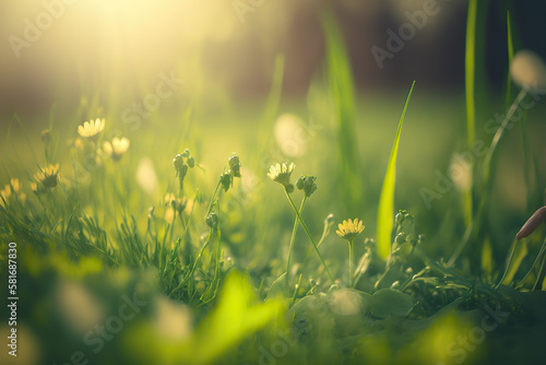 Close up spring blossom branches with beautiful small wild flowers. Floral outdoor nature background with selective focus and bokeh effect. Golden hour. AI generative image.