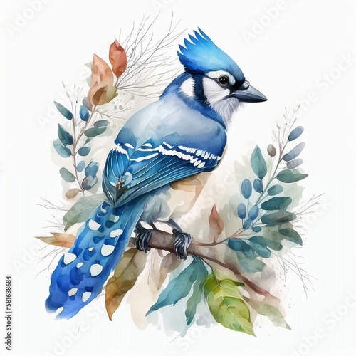 Blue Jay Watercolour portrait, Animal illustration