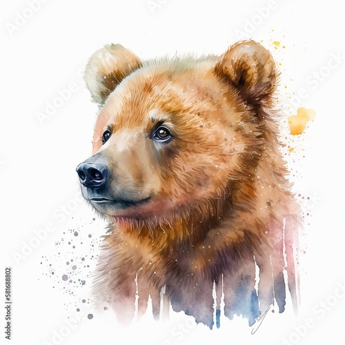 Brown Kodiak Bear Watercolour portrait, Animal illustration