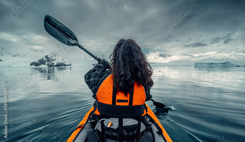 Female Kayaker Paddling Through Calm Water Of Antarctica with Beautiful Moody Snowy landscape