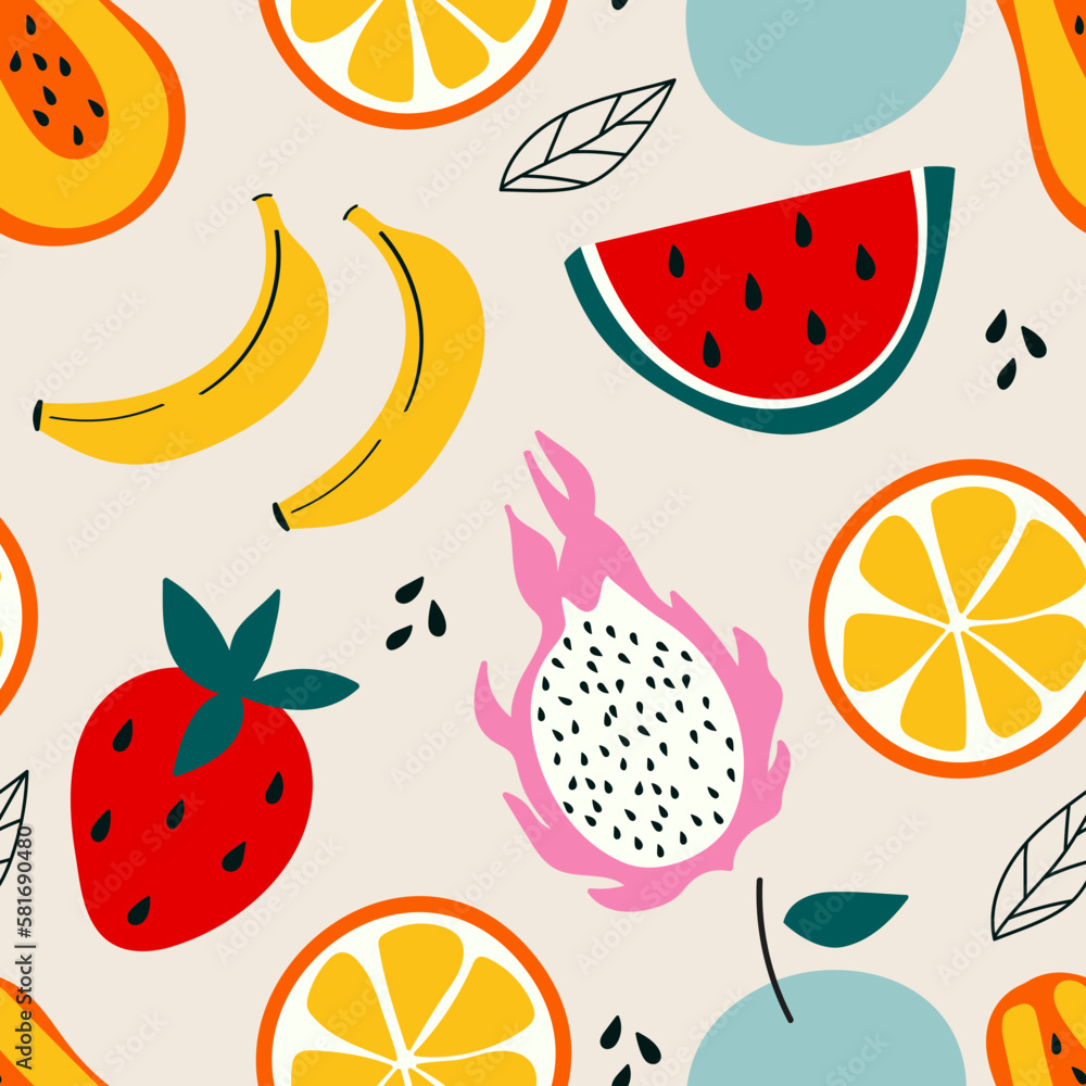 Hand drawn fruits on a light background. Seamless modern fruit vector illustration. Flat strawberry, watermelon, papaya, dragon fruit, banana. Natural print for online store, food delivery, cooking Hand drawn fruits on a light background. Seamless modern fruit vector illustration. Flat strawberry, watermelon, papaya, dragon fruit, banana. Natural print for online store, food delivery, cooking