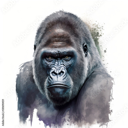 Gorilla Silver Back Watercolour portrait, Animal illustration photo