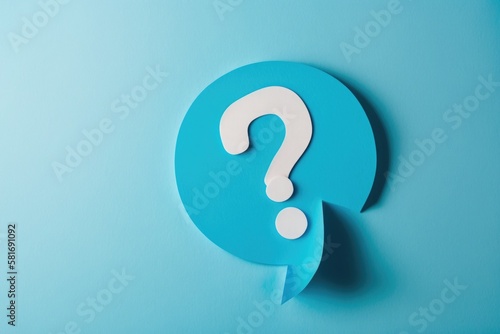 A minimalist design with a cutout paper icon and blue background represents the question mark symbol for FAQ, information, problem and solution concepts. It also conveys quiz, test, survey,