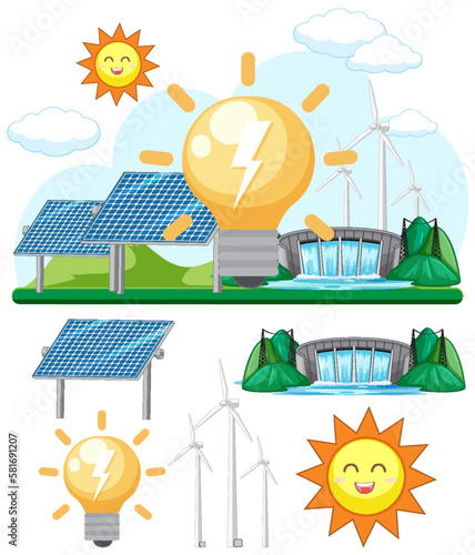 Green energy concept with solar panels and wind turbines