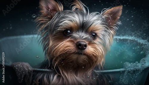 A cute and adorable picture of a dog taking a bath. Generative AI