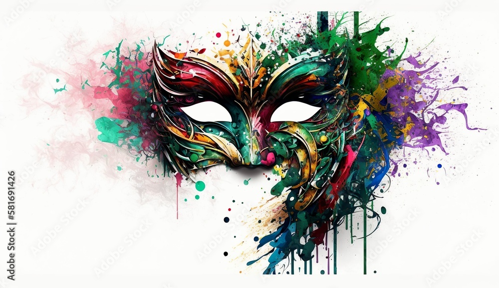 Colorful Venetian Mask Carnival Illustration with Masquerade Theme and Mardi Gras Banner, Perfect for Splash Art and Copy Space on White