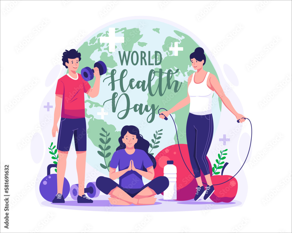 World Health Day concept illustration with characters of people exercising, fitness, and yoga. Healthy lifestyle. vector Illustration World Health Day concept illustration with characters of people exercising, fitness, and yoga. Healthy lifestyle. vector Illustration