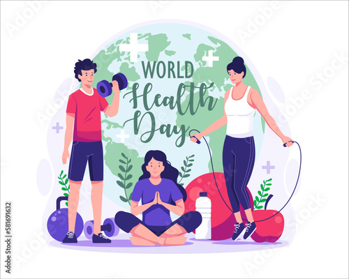 World Health Day concept illustration with characters of people exercising, fitness, and yoga. Healthy lifestyle. vector Illustration