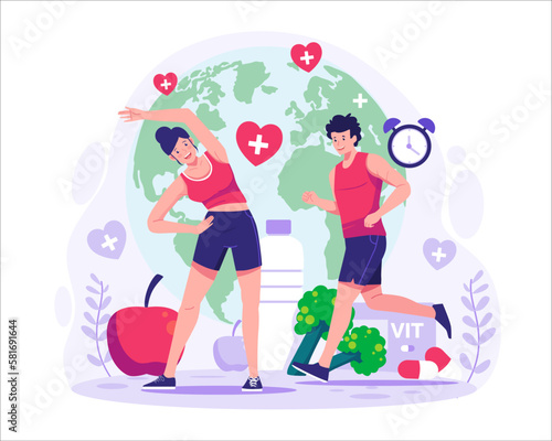 World Health Day. Characters of people exercising to stay healthy. Healthy lifestyle. Running and Yoga. Vector Illustration