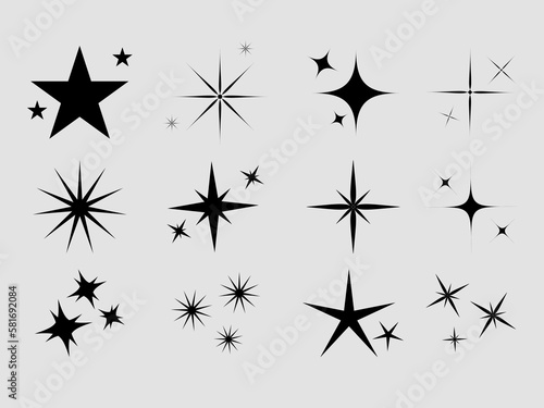 set of black stars, flat sparkling star collection