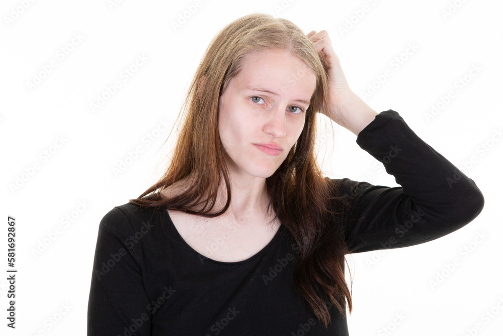 beauty girl blonde pensive doubt portrait of confident young woman hand finger on hair beauty girl blonde pensive doubt portrait of confident young woman hand finger on hair