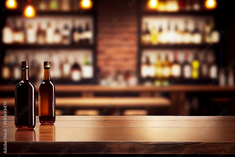 Decoration Bar Table. Closeup of Wine Bottle on Blur restaurant Background Decoration Bar Table. Closeup of Wine Bottle on Blur restaurant Background