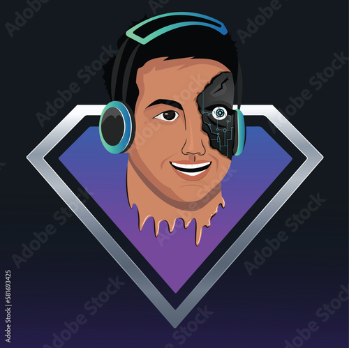 human cyber robot with a male cartoon face wearing a headset. Colorful gaming logo can be used in many sci-fi gaming related projects or anything that is related to technology. futuristic cyborg logo