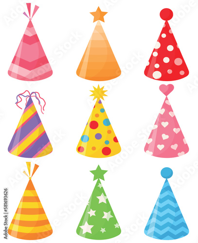 Vector cartoon image of festive hats on the head. The concept of parties and fun. A bright element for your design. Birthday.