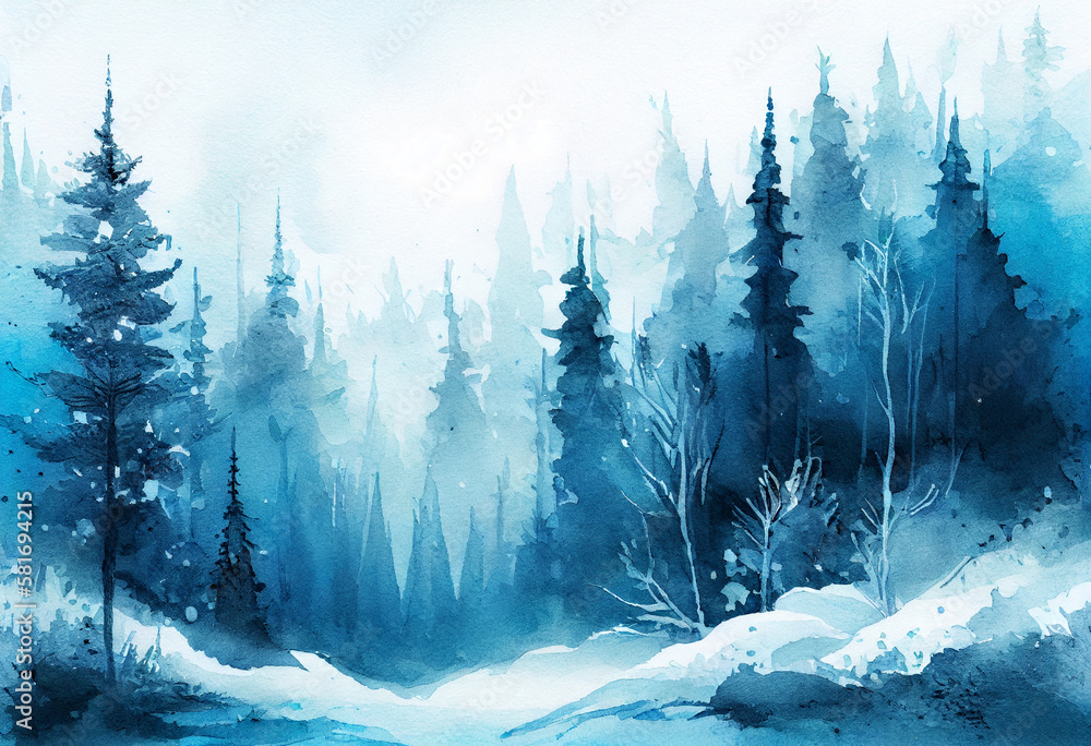 blue landscape of foggy forest, spring hill. Wild nature, frozen, misty, taiga. watercolor background. generative ai
