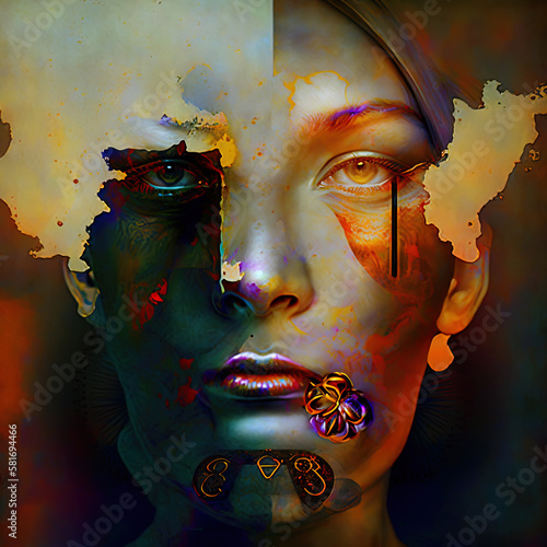 close up abstract multimedium photocollage digital painting of a woman in cubism style  ai generated  photo